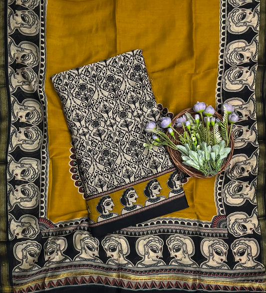 Pure Maheshwari Beige With Yellow Suit Fabric / CKC Maheshwari Suits