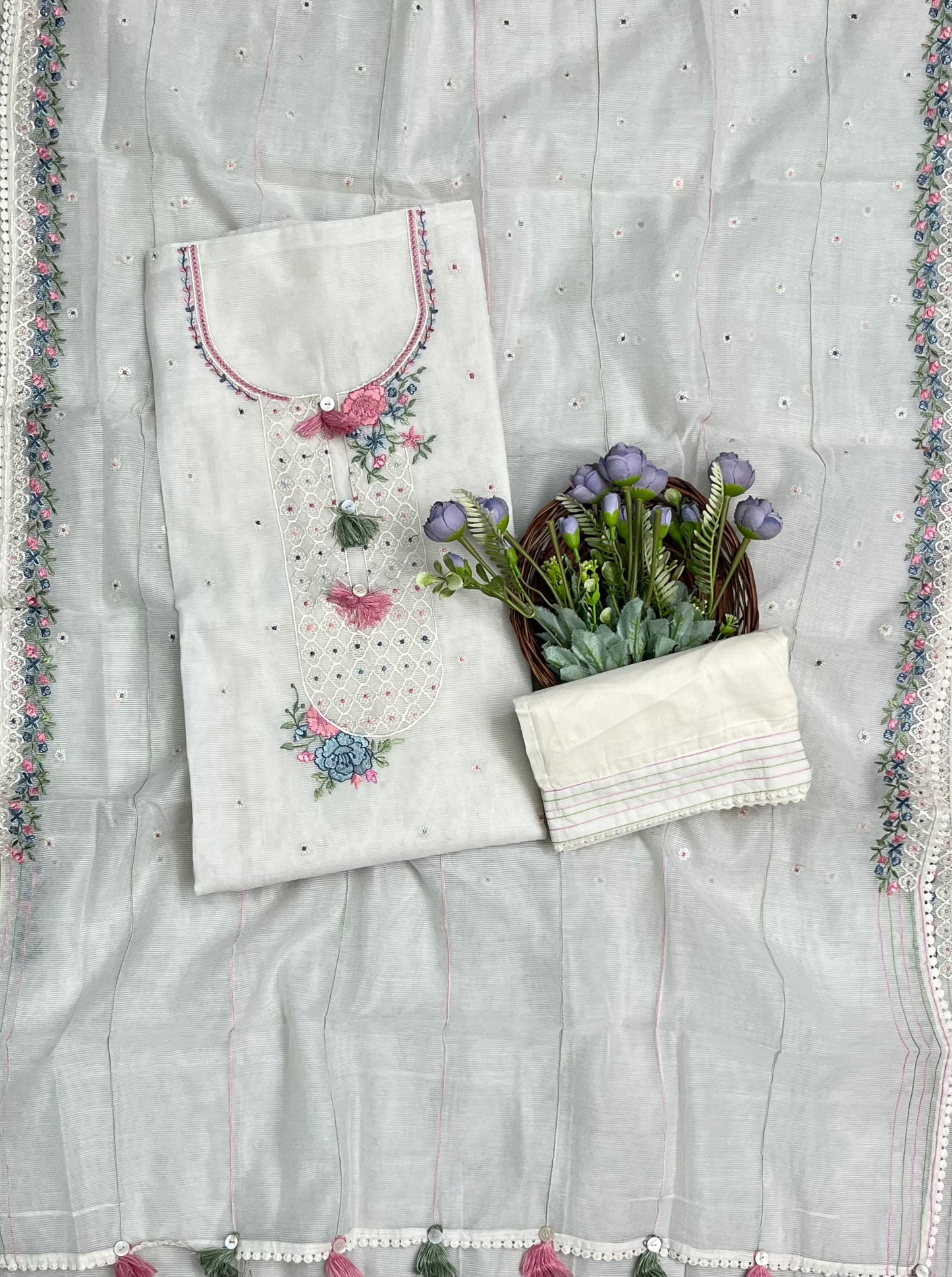 Ckc 308 Kotta Doria Off White With Pink  Suit Fabric/ CKC Mul Cotton