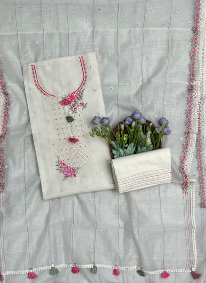 Ckc 309 Kotta Doria Off White With Peach Suit Fabric/ CKC Mul Cotton