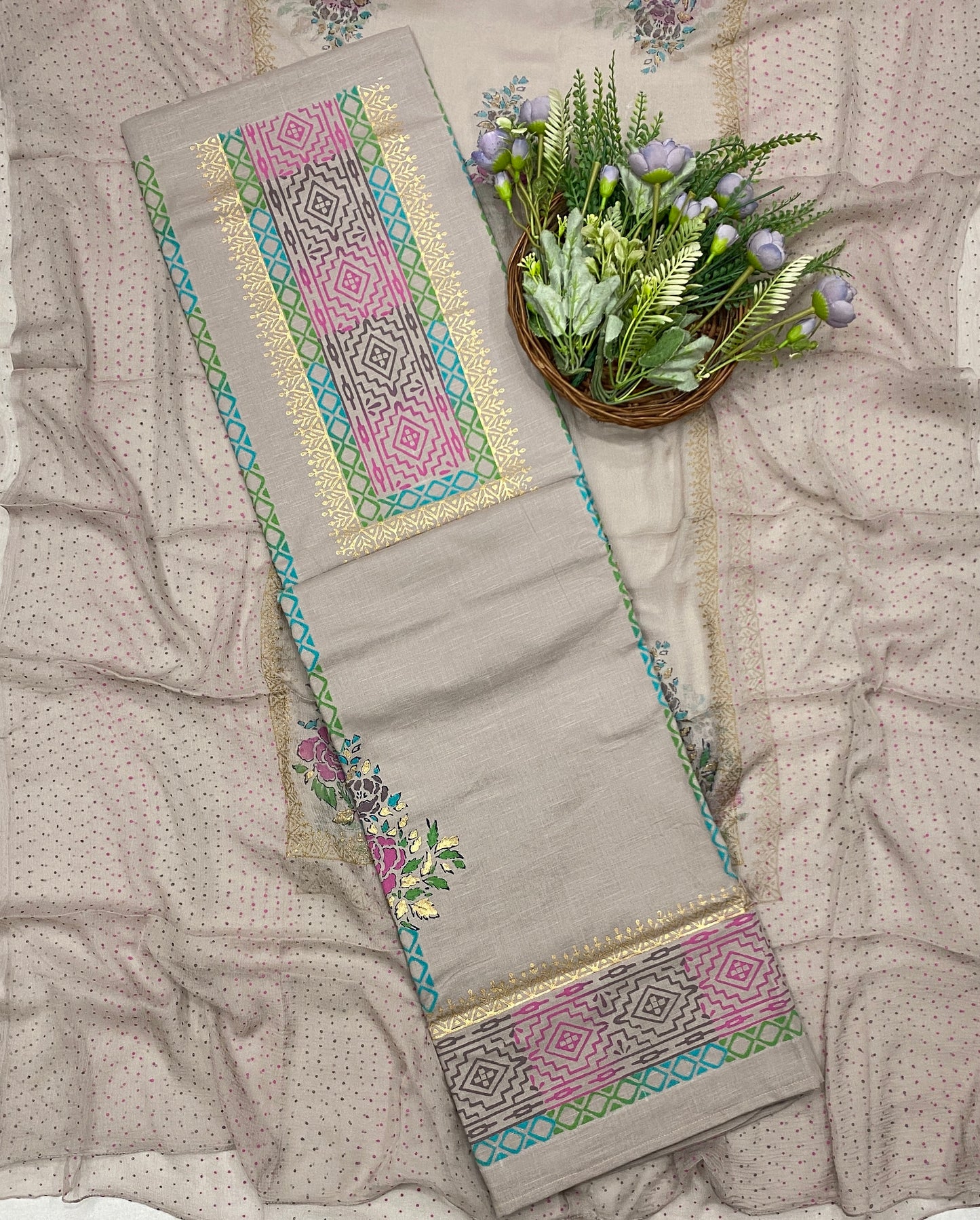 777B Cotton Beige Suit Fabric / CKC Block Printing Suits
