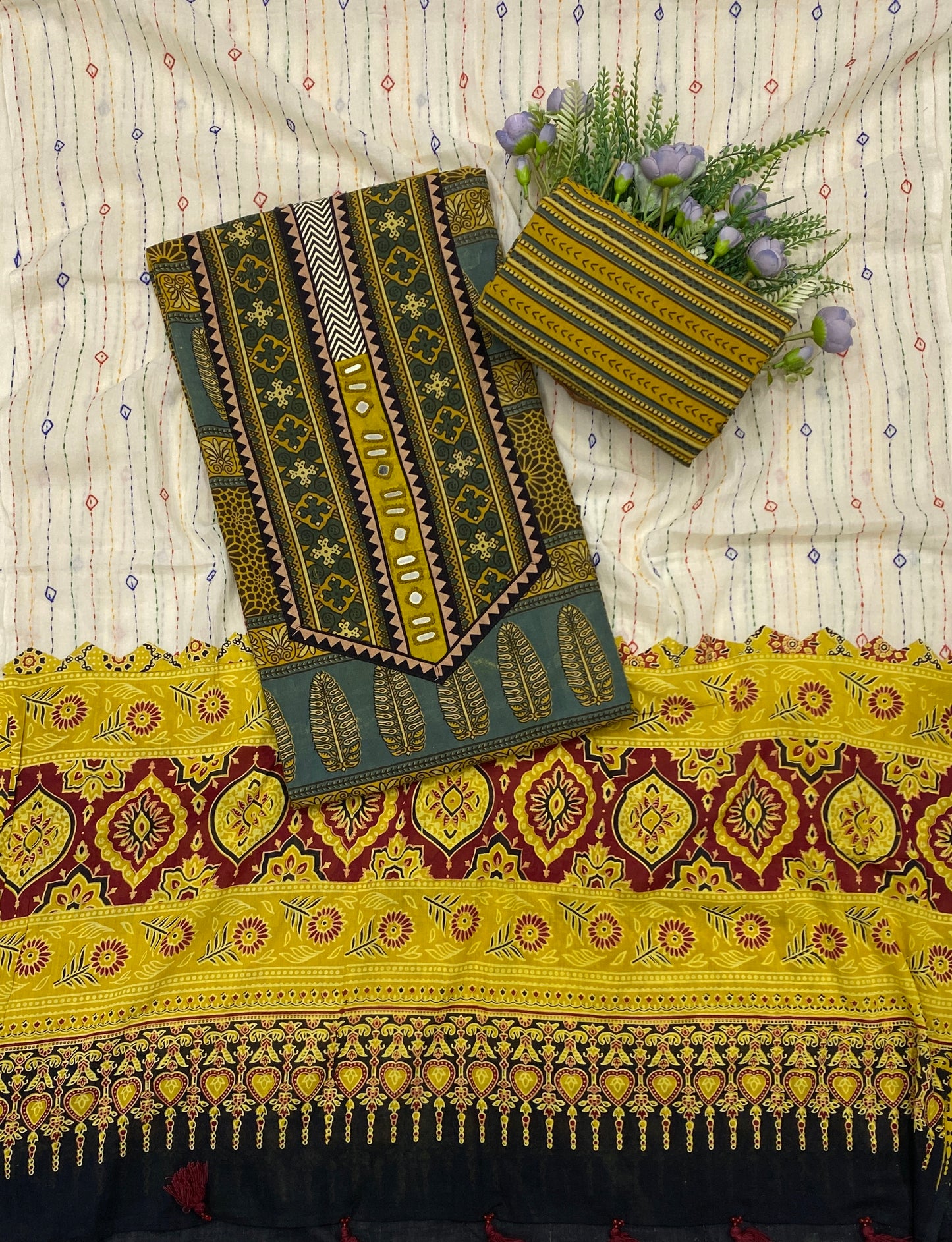 783B Cotton Mustard With Grey Suit Fabric / CKC Cotton Bazaar