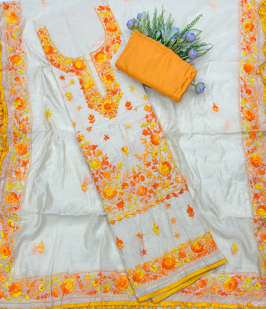 786B Mul Chanderi Orange With Yellow Suit Fabric/ CKC Mul Cotton