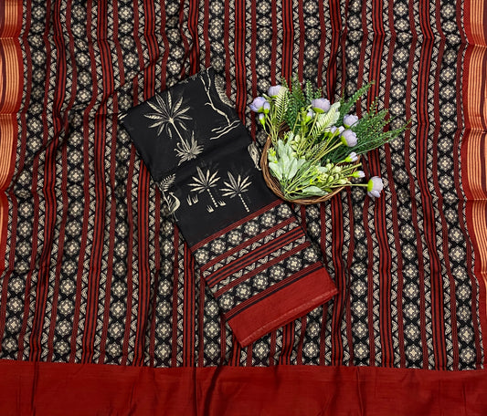 685B Maheshwari Black With Maroon Suit Fabric / CKC Maheshwari Suits
