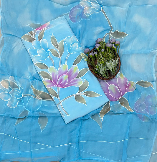 CKC 823 Crepe Sky Blue Suit Fabric/ CKC Hand Painted Suits