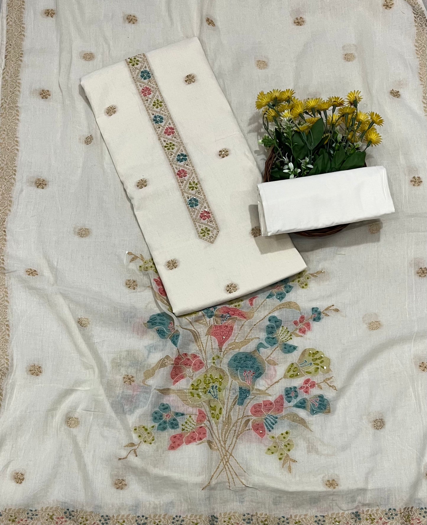 Cotton Cream With Pink Suit Fabric / CKC Cotton Bazaar