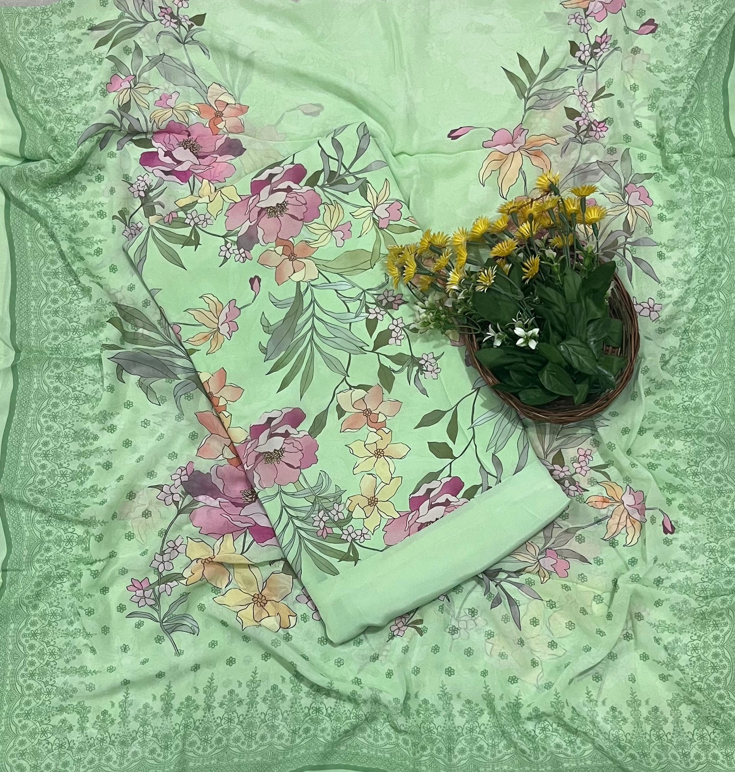 Ckc 107 Georgette Light Pista Green Suit Fabric / CKC Georgette Suits