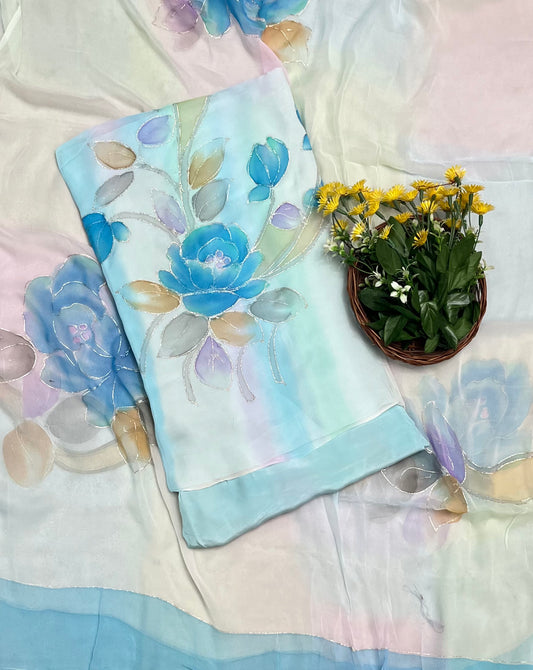 Georgette Sky Blue Suit Fabric / CKC Hand Painted Suits