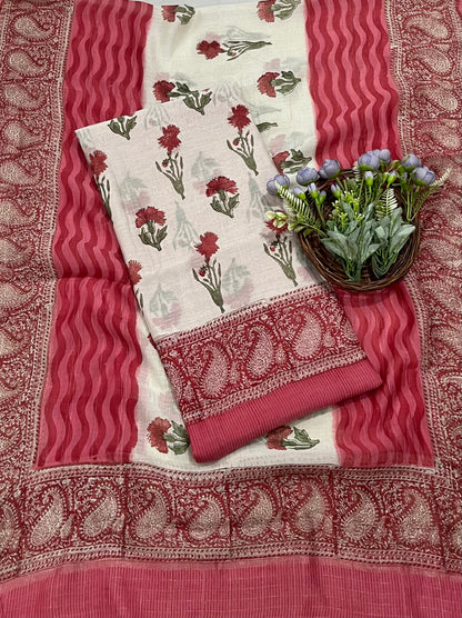 CKC 99 Pure Mul Cotton Off White With Carrot Suit Fabric/ Mul Cotton