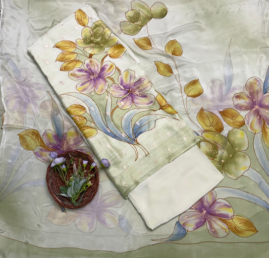 79B Raw Silk Green Suit Fabric/ CKC Hand Painted Suits