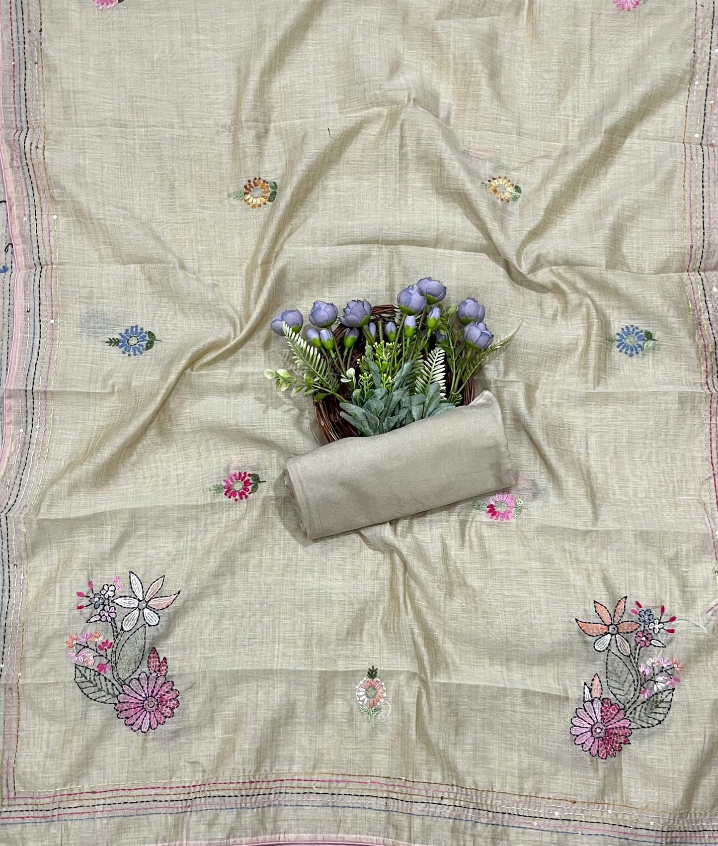 CKC 717 Mul Chanderi Beige With Light Pink Suit Fabric/ CKC Mul Cotton