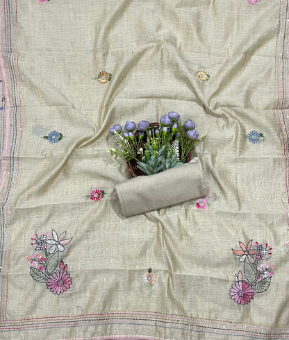 CKC 717 Mul Chanderi Beige With Light Pink Suit Fabric/ CKC Mul Cotton