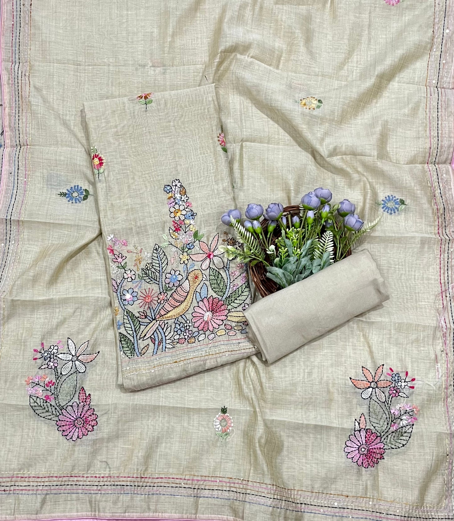 CKC 717 Mul Chanderi Beige With Light Pink Suit Fabric/ CKC Mul Cotton