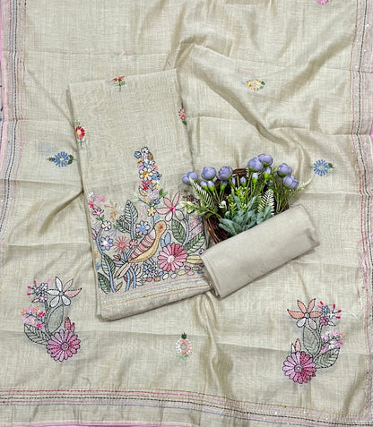 CKC 717 Mul Chanderi Beige With Light Pink Suit Fabric/ CKC Mul Cotton