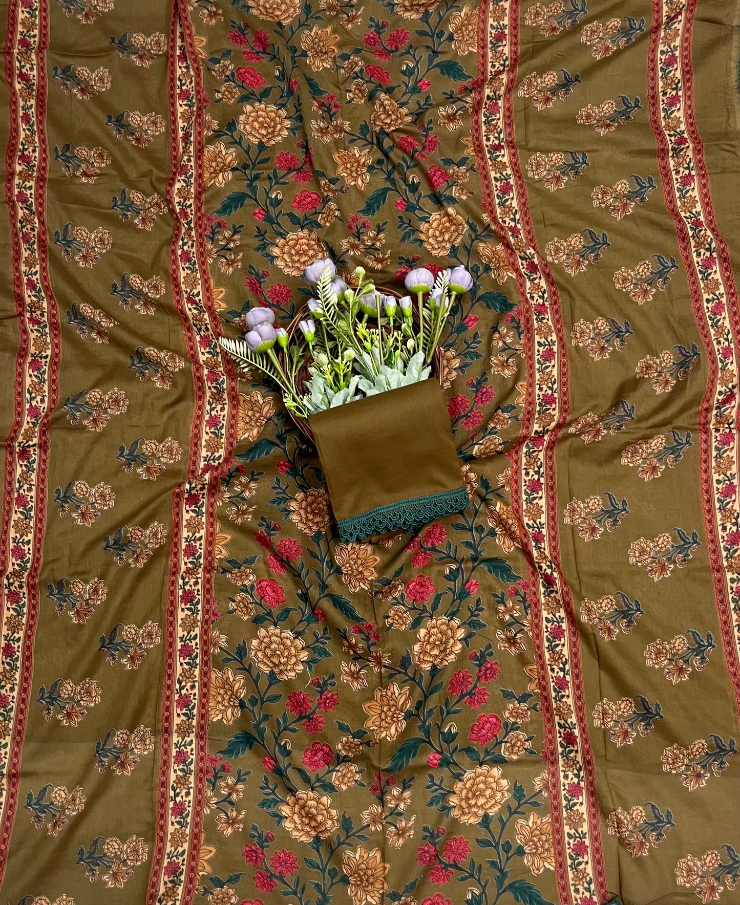 Ckc 441 Cotton Mehndi Green Suit Fabric/ CKC Cotton Bazaar