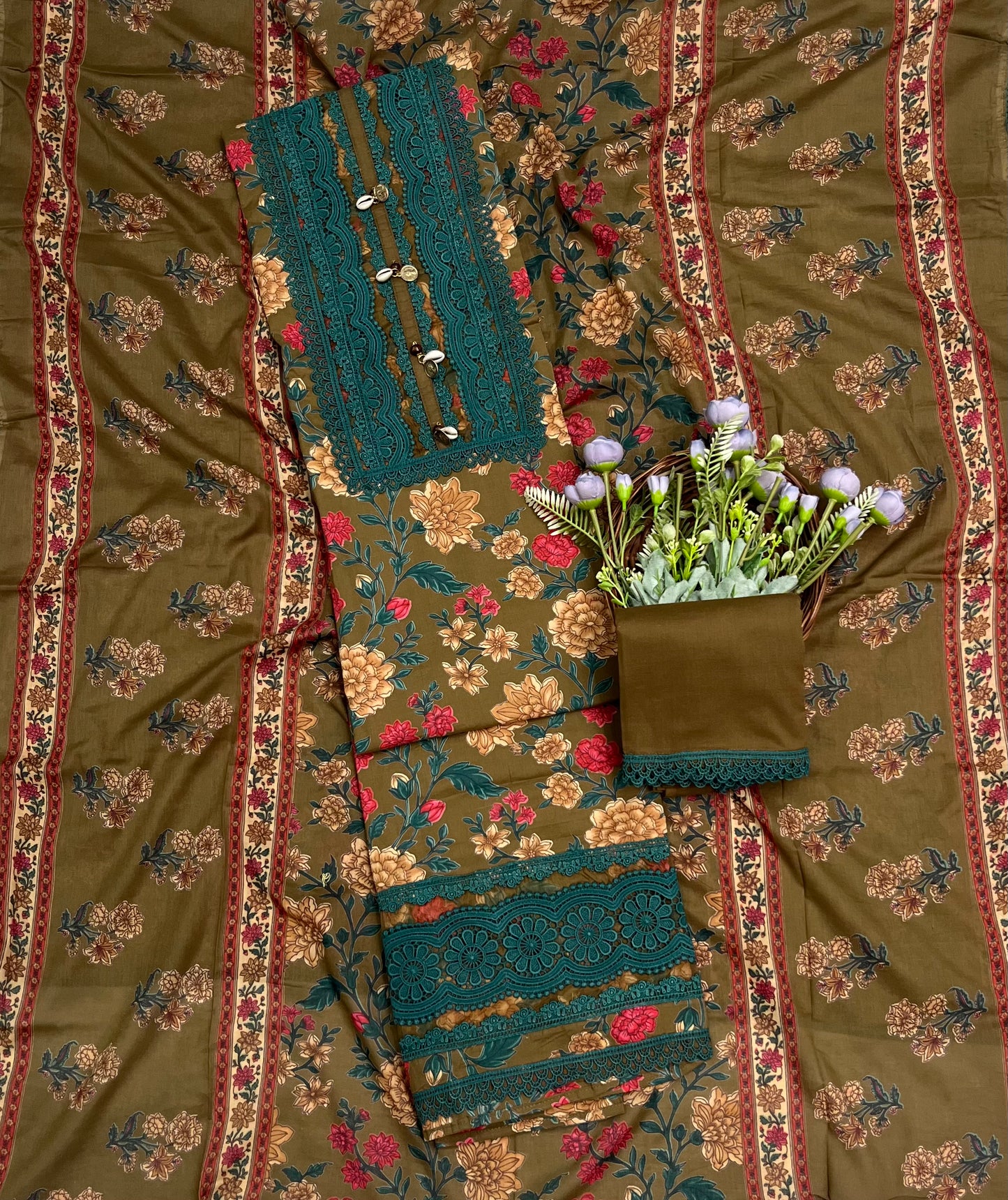 Ckc 441 Cotton Mehndi Green Suit Fabric/ CKC Cotton Bazaar