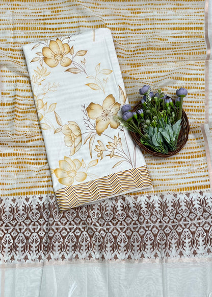 CKC 624  Mul Chanderi White With Lemon Suit Fabric/ CKC Mul Cotton