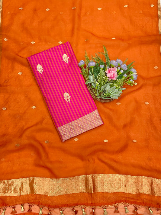 968B Pure Silk Pink and Orange Suit Fabric/ CKC Banarasi Edit