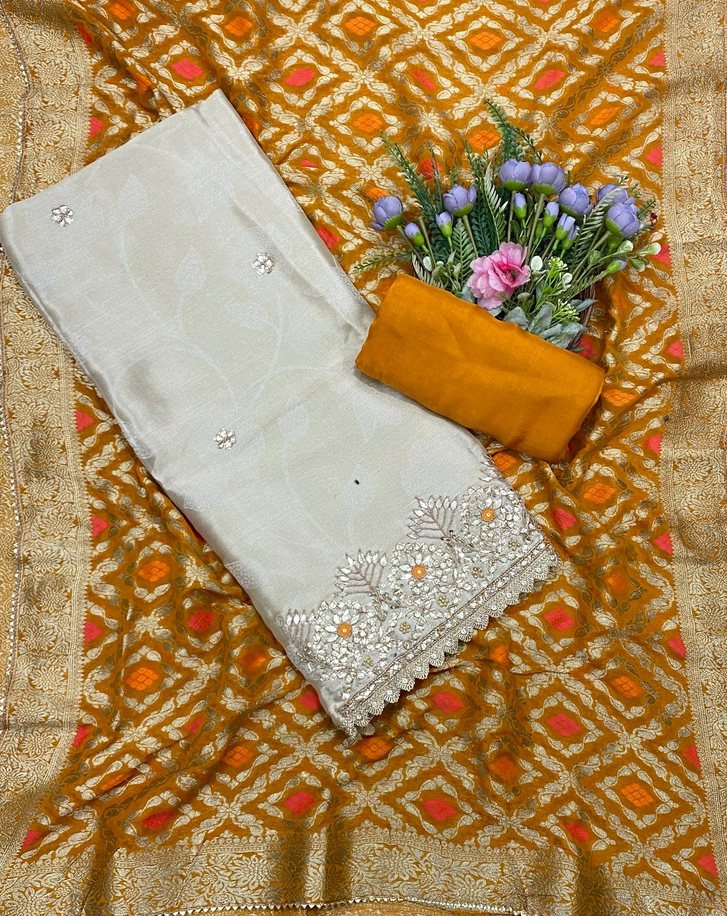 23C Shimmer Banarasi Cream With Mustard Yellow Suit Fabric/ CKC Banarasi Edit