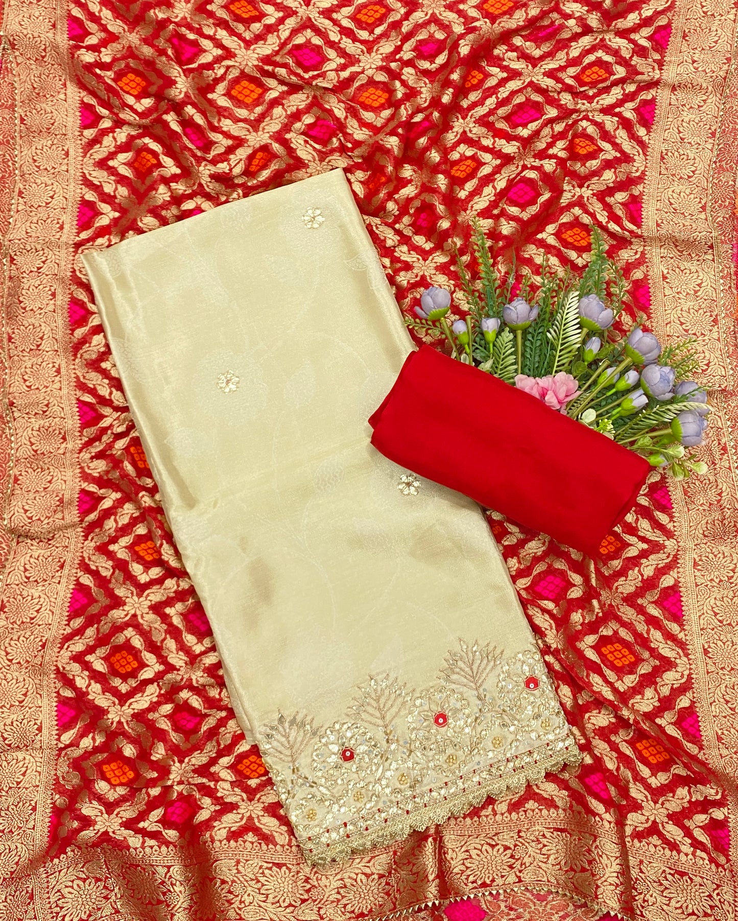 25C Shimmer Banarasi Cream With Red Suit Fabric/ CKC Banarasi Edit