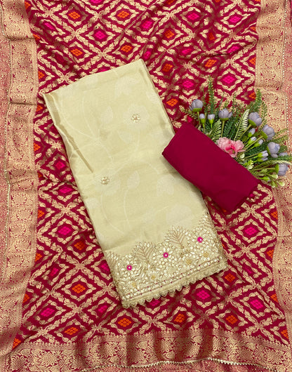 24C Shimmer Banarasi Cream With Magenta Suit Fabric/ CKC Banarasi Edit