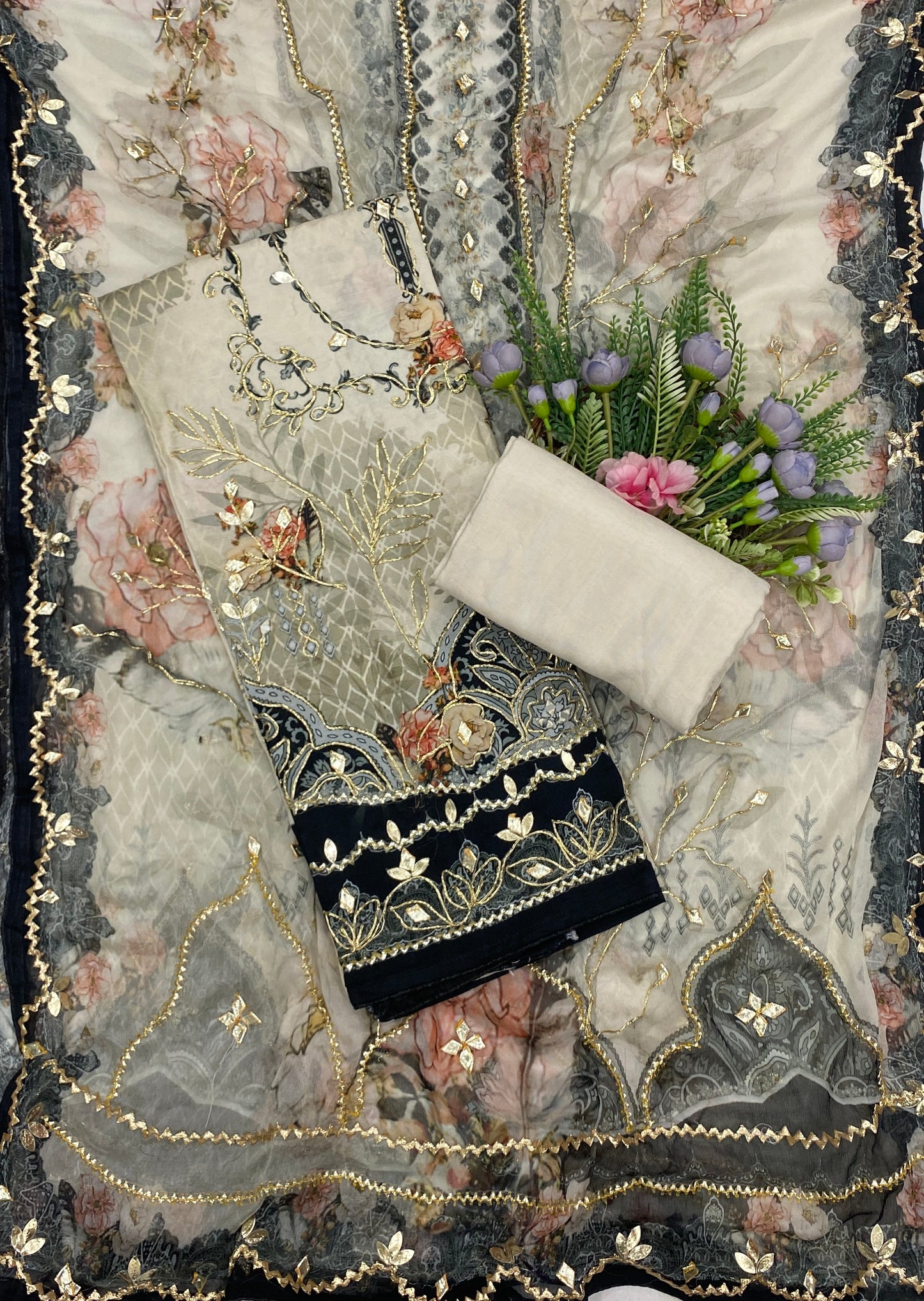 993B Organza Cream With Black suits Fabric/ CKC Partywear Collection