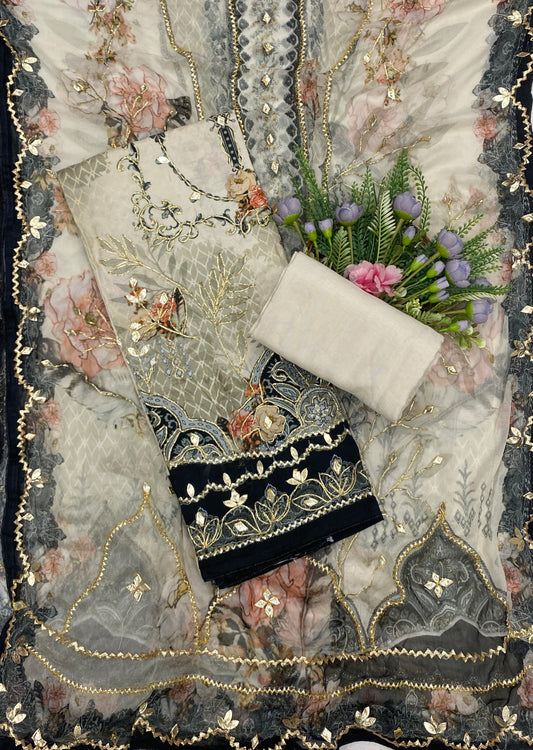 993B Organza Cream With Black suits Fabric/ CKC Partywear Collection