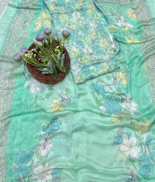 Chinon Jackard Sea Green Suit Fabric / CKC Phoolon Ka Ghar