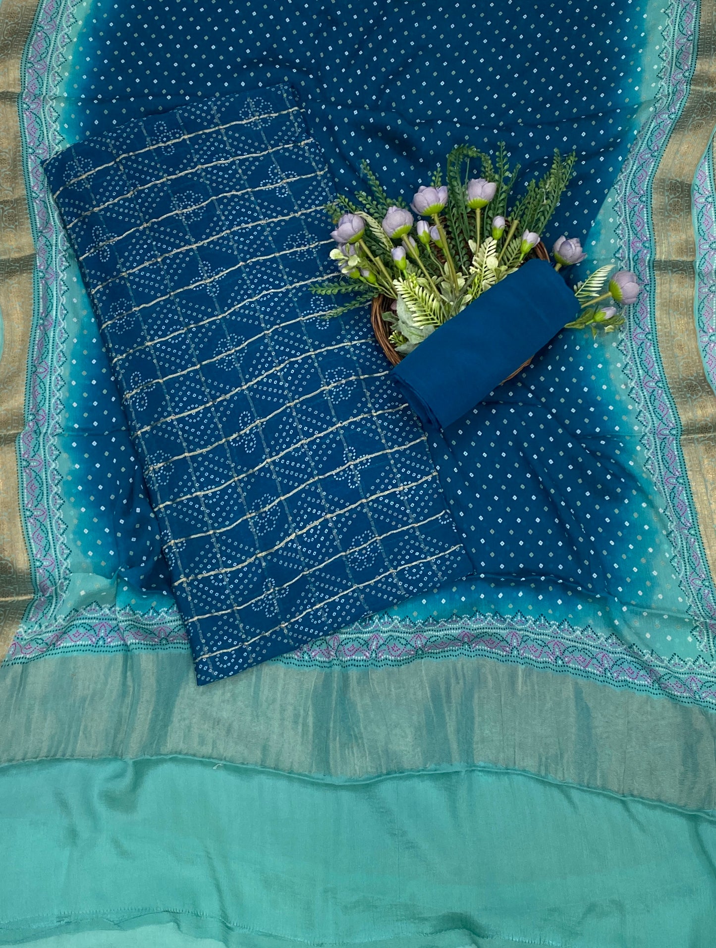 63C Pure Chinon Peacock Blue With Blue Suit Fabric / CKC Jaipuri Suits