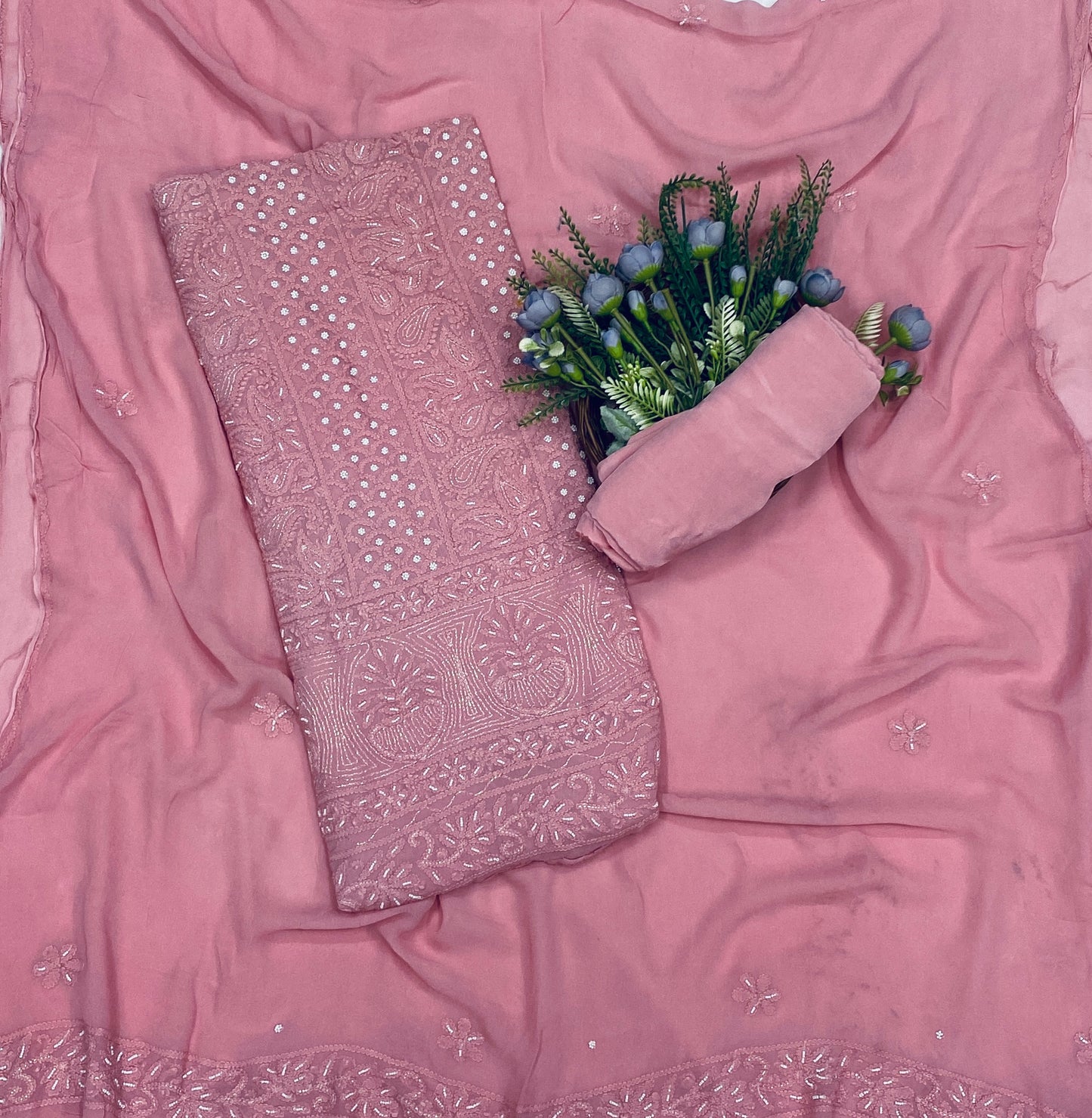 80C Lakhnavi Georgette Pink Suit Fabric/ CKC Lakhnavi Suits