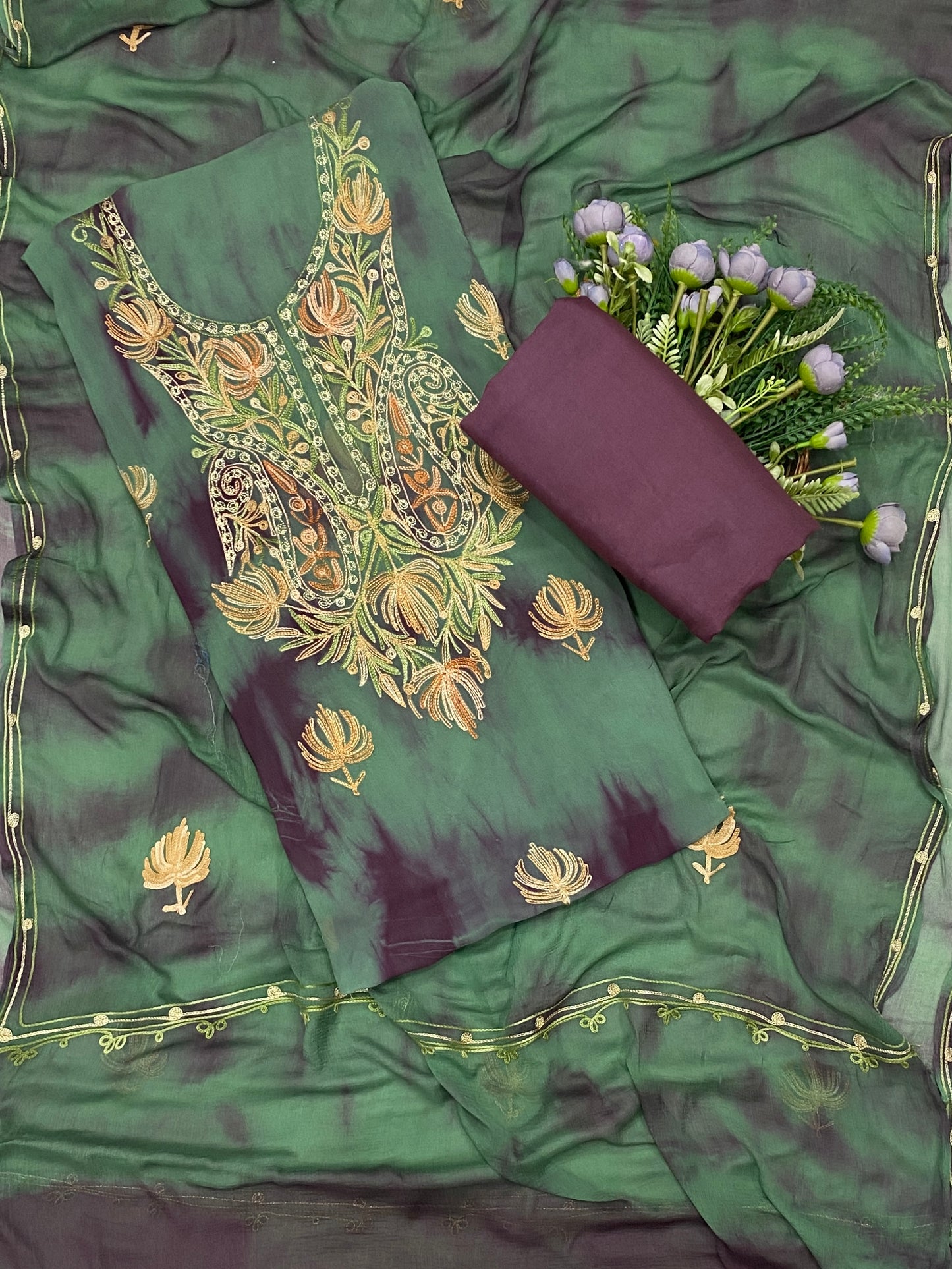 100C Georgette Aari Green With Wine Fabric / CKC Georgette Suits