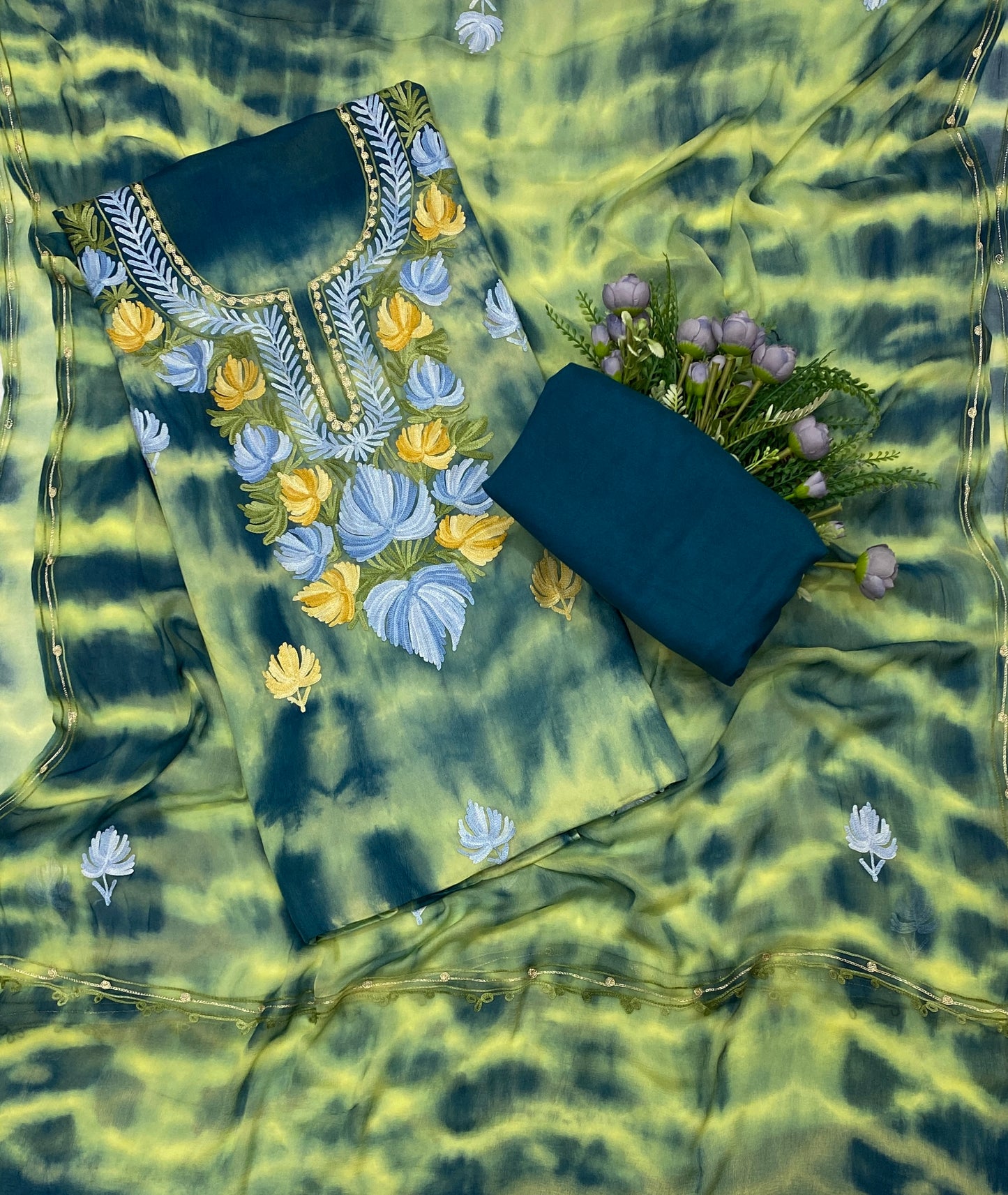 99C Georgette Aari Teal Blue With Cream Suit Fabric / CKC Georgette Suits
