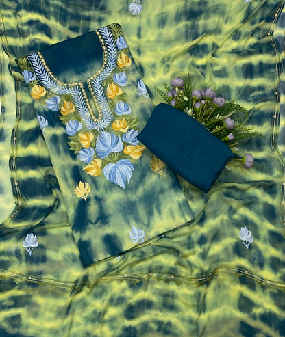 99C Georgette Aari Teal Blue With Cream Suit Fabric / CKC Georgette Suits