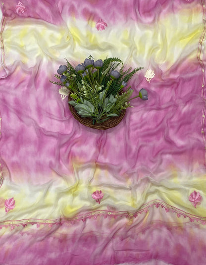98C Georgette Aari Light Lemon With Pink Suit Fabric / CKC Georgette Suits