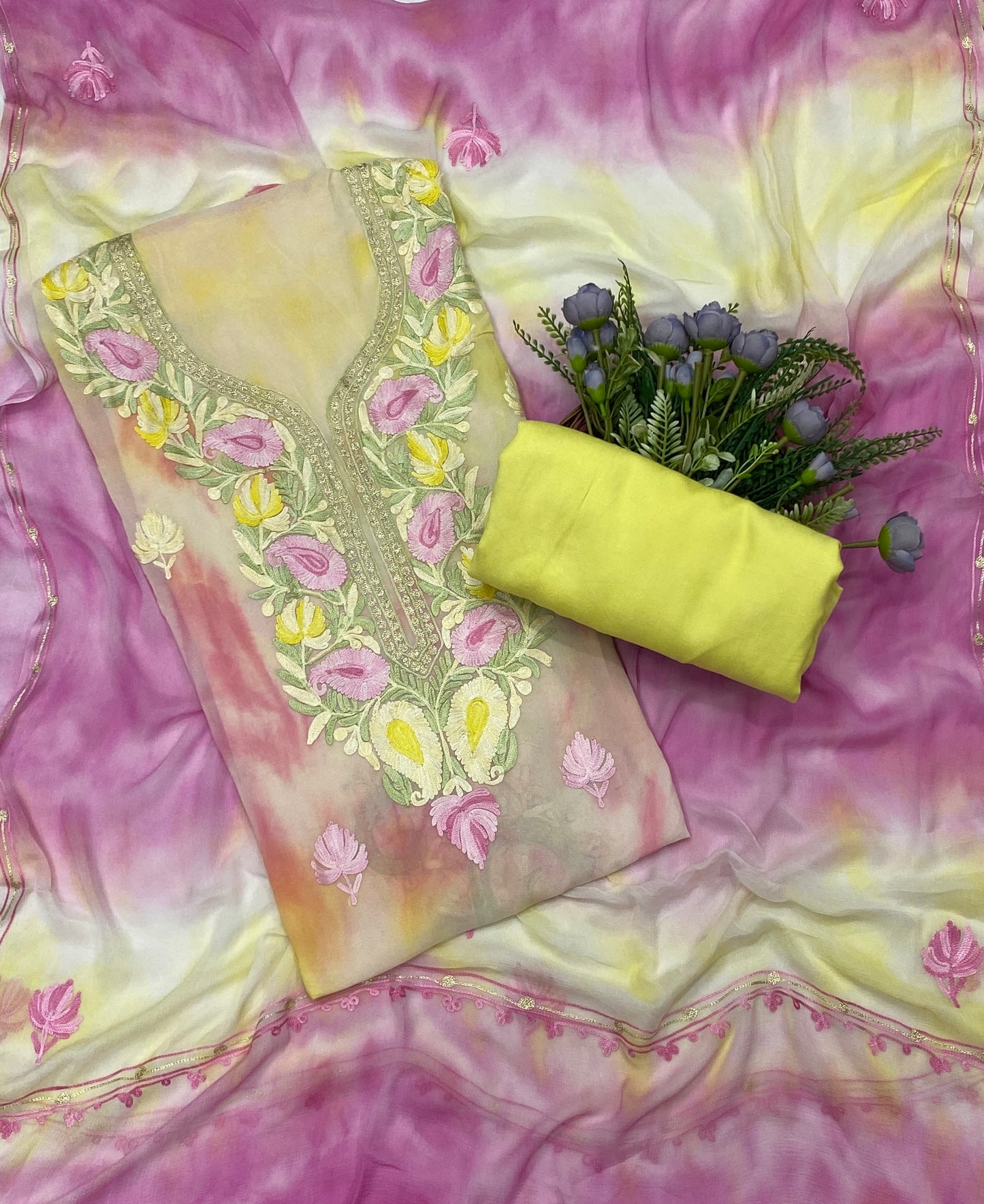 98C Georgette Aari Light Lemon With Pink Suit Fabric / CKC Georgette Suits