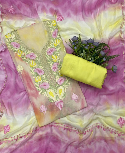 98C Georgette Aari Light Lemon With Pink Suit Fabric / CKC Georgette Suits