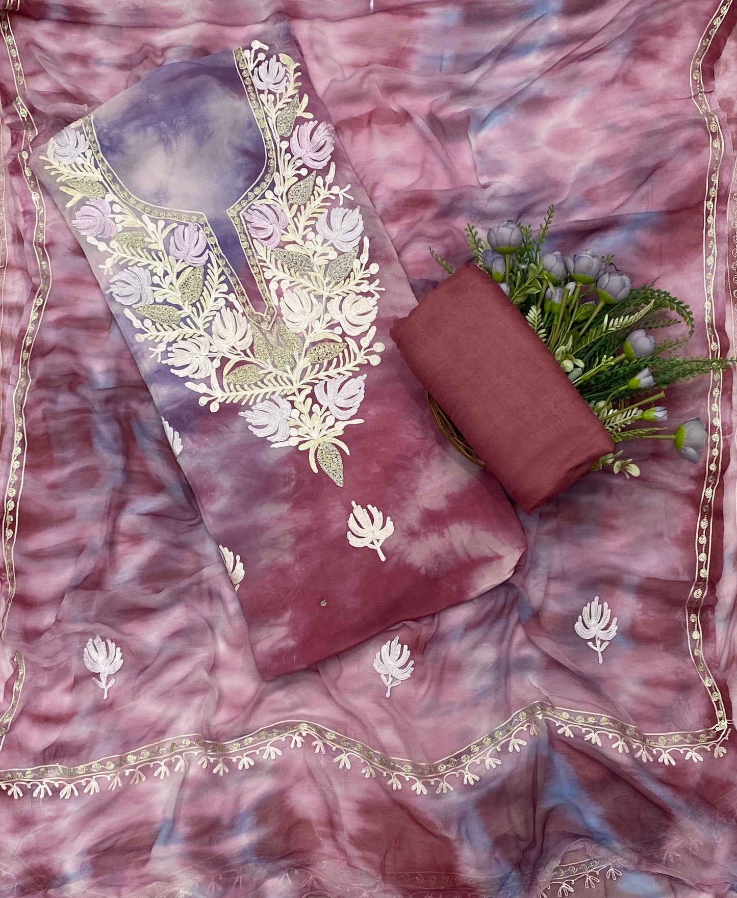 102C Georgette Aari Wine Red With Purple Fabric / CKC Georgette Suits