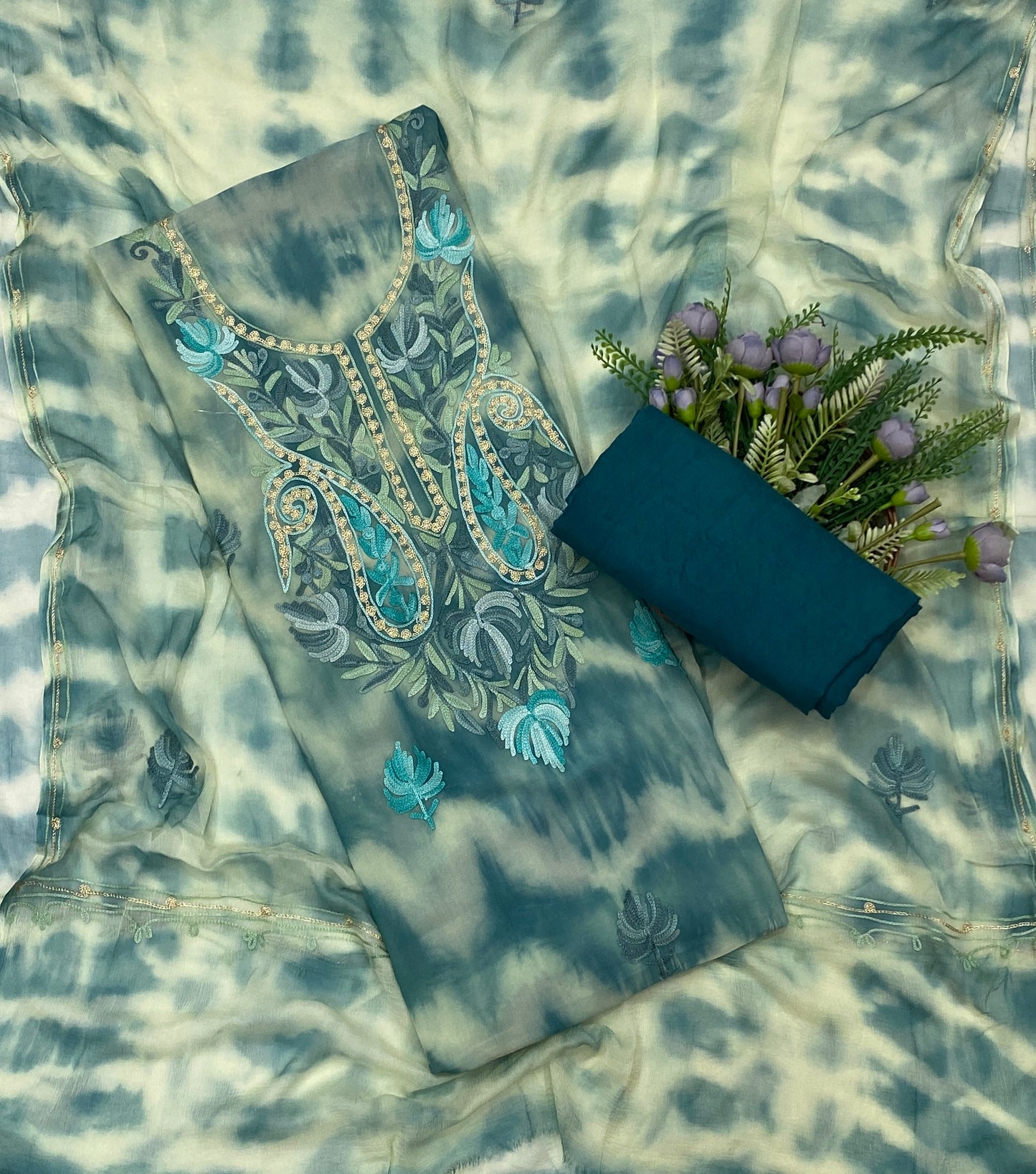 96C Georgette Aari Teal Green With Cream Suit Fabric / CKC Georgette Suits