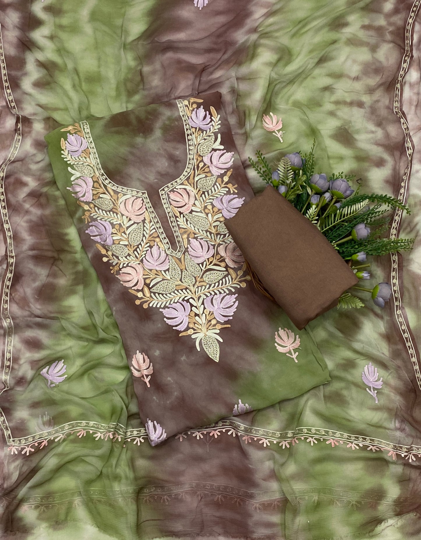 109C Georgette Aari Rust Brown With Green  Fabric / CKC Georgette Suits