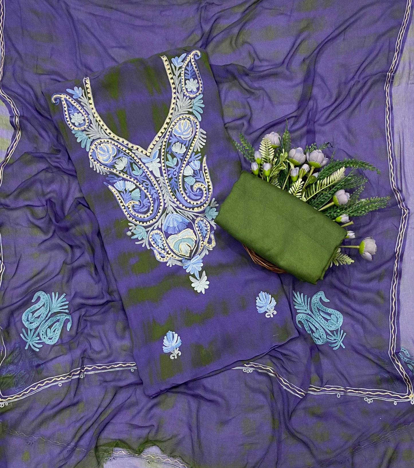 107C Georgette Aari Purple With Dark Green Fabric / CKC Georgette Suits