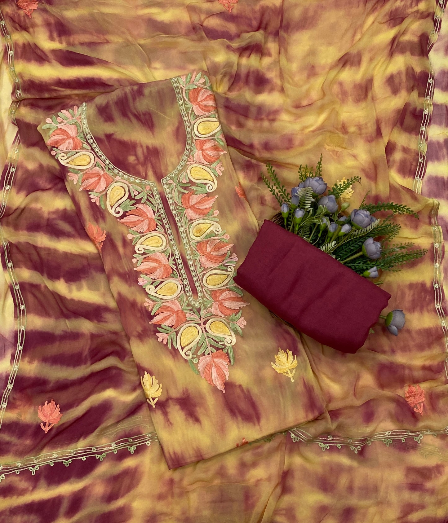 104C Georgette Aari Skin With Maroon  Fabric / CKC Georgette Suits