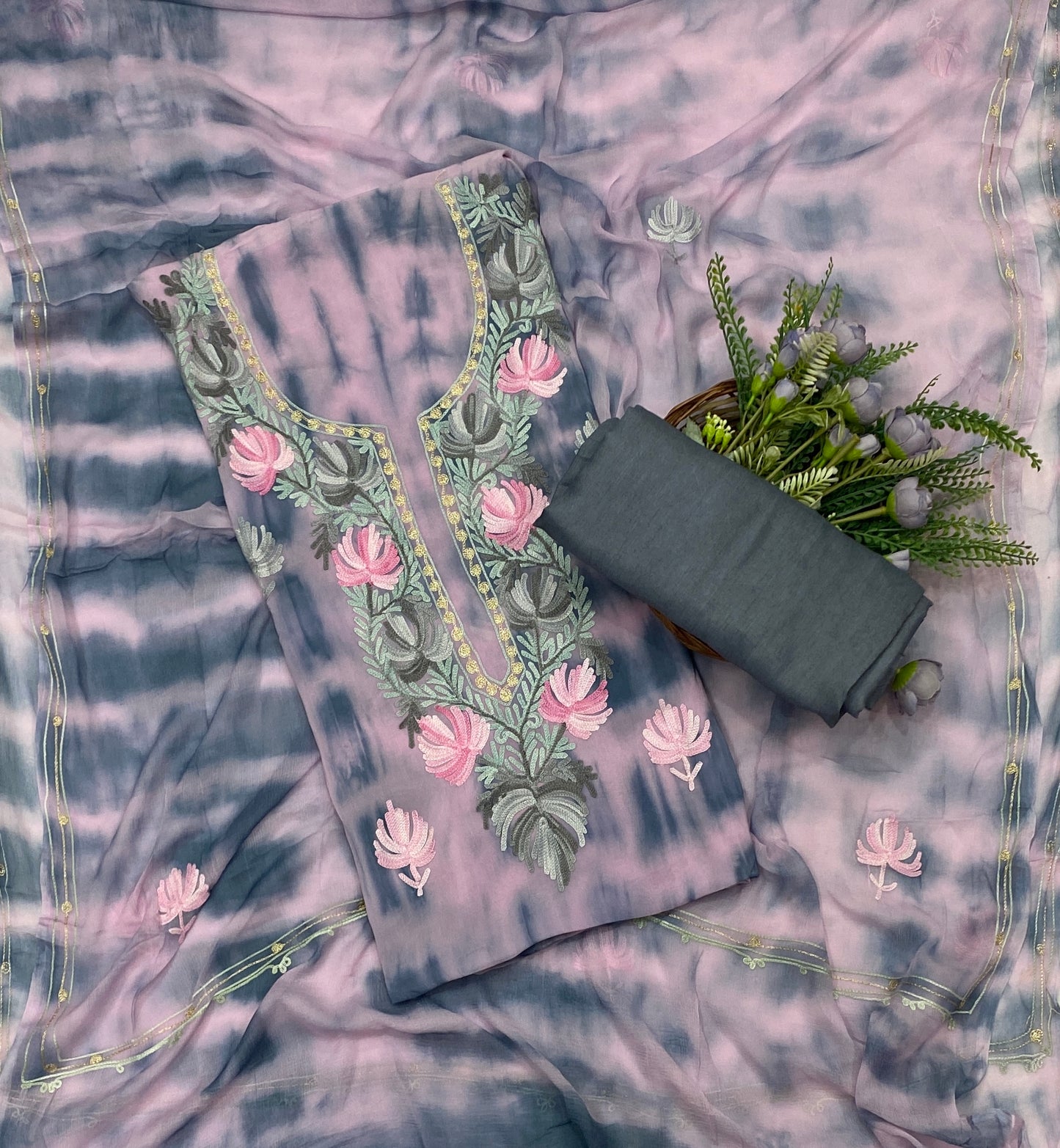 95C Georgette Aari Pink With Blue  Suit Fabric / CKC Georgette Suits