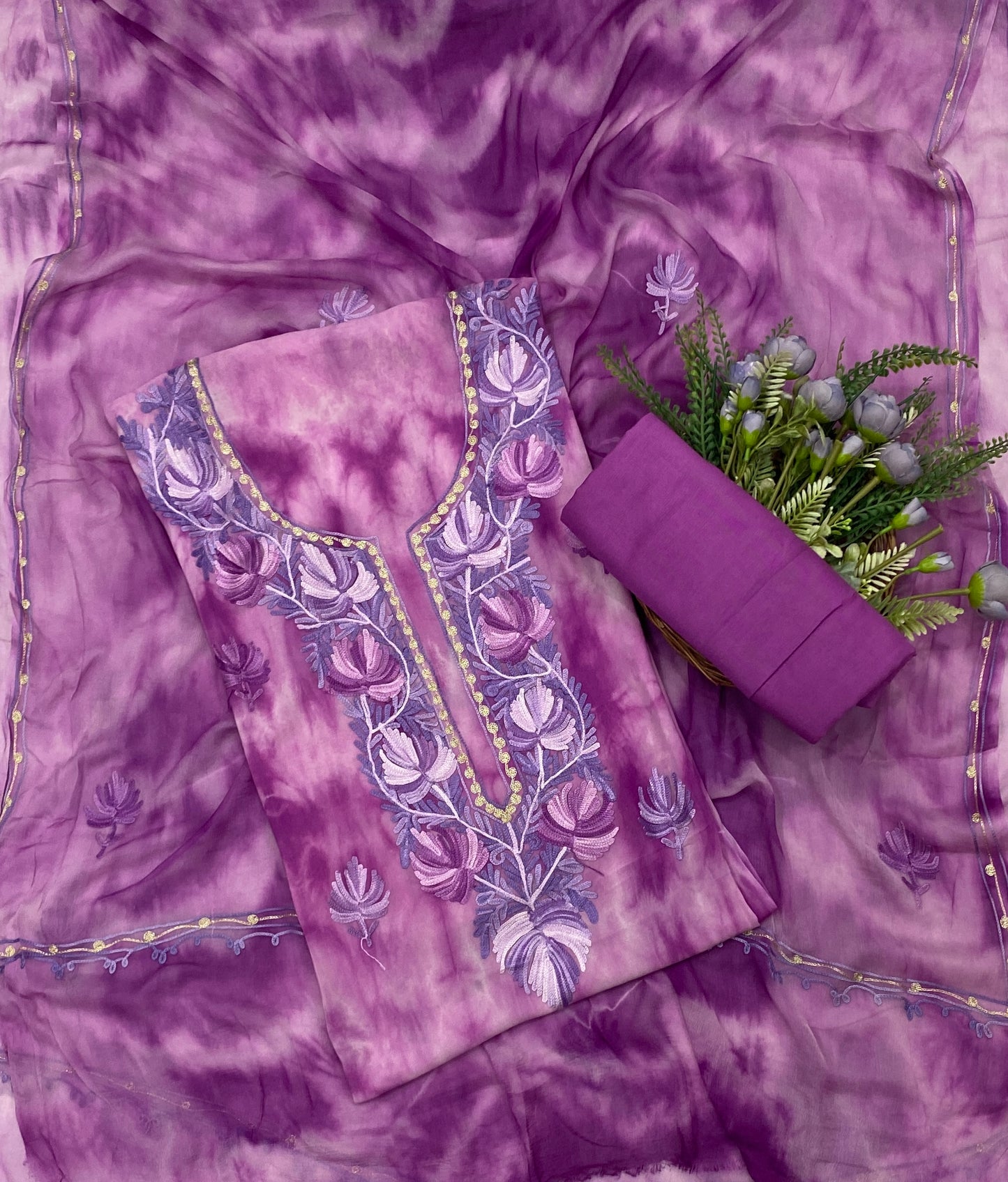 114C Georgette Aari Pink With Light Wine Fabric / CKC Georgette Suits