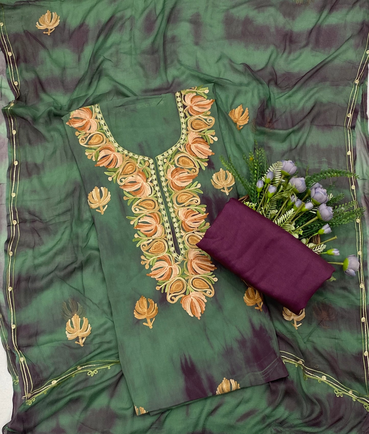 120C Georgette Aari Dark Green With Wine Fabric / CKC Georgette Suits