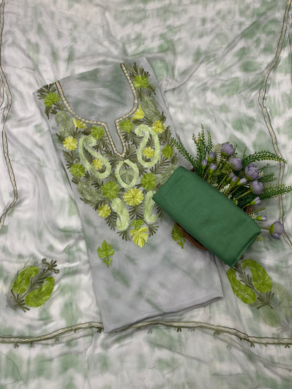 121C Georgette Aari Off White With Green Fabric / CKC Georgette Suits
