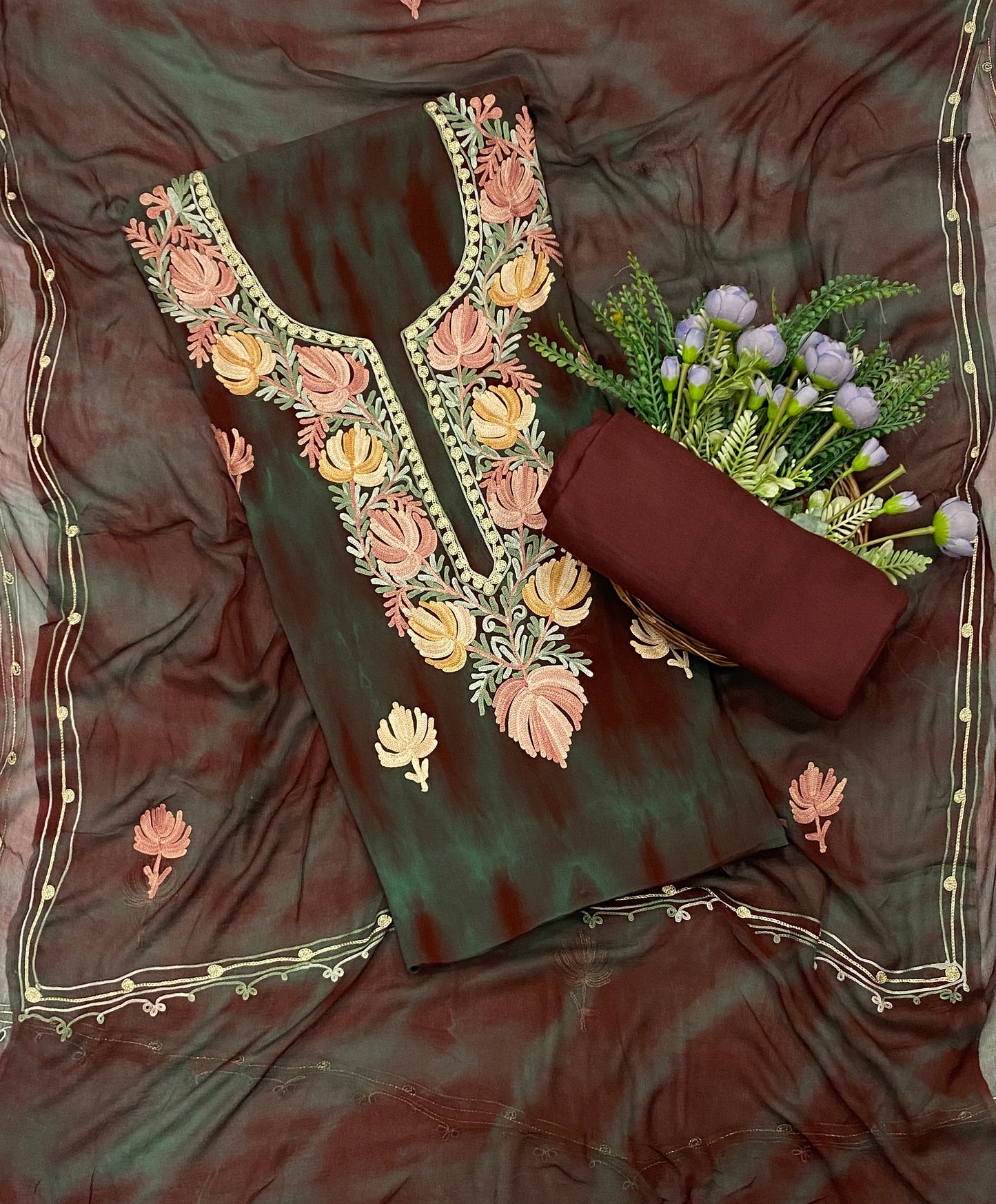 117C Georgette Aari Dark Brown With Dark Green Fabric / CKC Georgette Suits