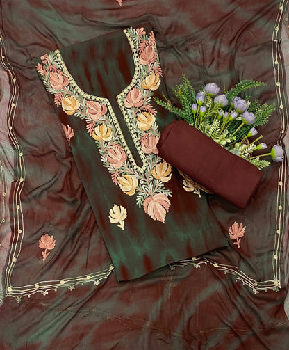 117C Georgette Aari Dark Brown With Dark Green Fabric / CKC Georgette Suits