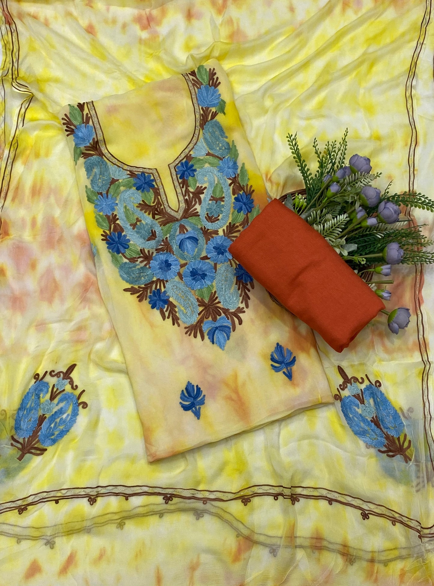 125C Georgette Aari Lemon Yellow Suit Fabric / CKC Georgette Suits