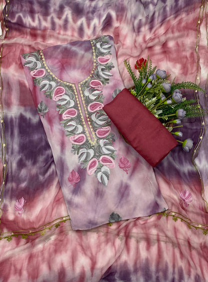 122C Georgette Aari Pink With Maroon Fabric / CKC Georgette Suits
