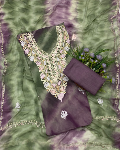 126C Georgette Aari Green With Light Wine Suit Fabric / CKC Georgette Suits