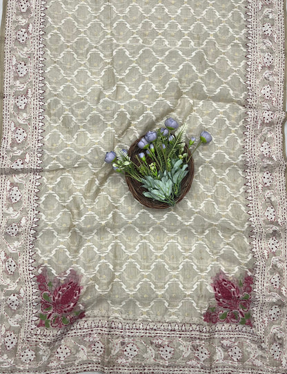 Ckc 168 Jamdani White With Pink Suit Fabric / CKC Jamdani Suits